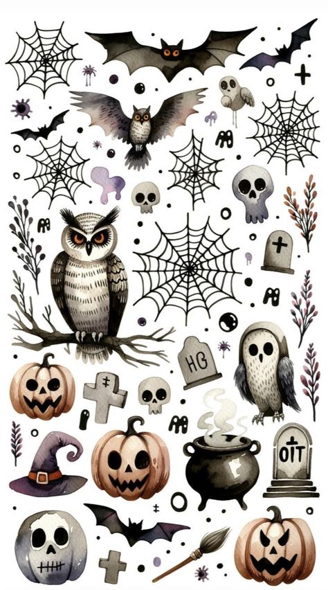 Bujo Illustration, Cute Halloween Stickers Printable, Ios Halloween, Spooky Bats Wallpaper, Scrapbook Stickers Printable Halloween, Spooky Planner Ideas, Halloween Planner Stickers, Witch Wallpaper, Book Clip Art