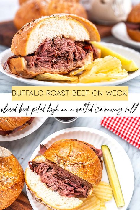 Beef On Weck Recipe Crock Pot, Beef On Weck Recipe, Slow Cooker Beef Stroganoff Recipe, Beef Appetizers, Buffalo Recipe, Sliced Roast Beef, Slow Cooker Beef Stroganoff, Roast Beef Recipes, Hot Sandwich