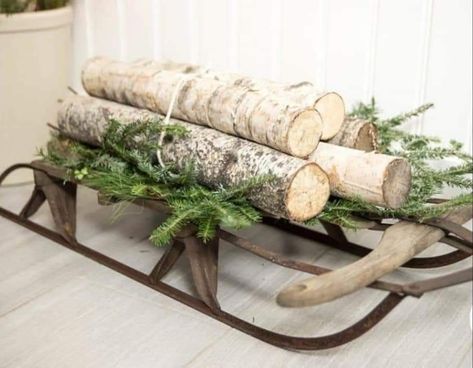 Birch Tree Decor Christmas, Christmas Sled Decoration, Birch Tree Decor, Sled Decor, Winter Reindeer, Vintage Sled, Christmas Sled, Natural Christmas Decor, Christmas Porch Decor