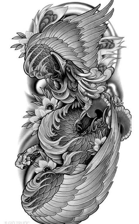 Japanese Phoenix Drawing, Japanese Phoenix Tattoo Design, Japanese Pheonix Tattoo, Phoenix Tattoo Sleeve, Phoenix Tattoo Ideas, Tato Phoenix, Japanese Phoenix Tattoo, Phönix Tattoo, Koi Tattoo Design