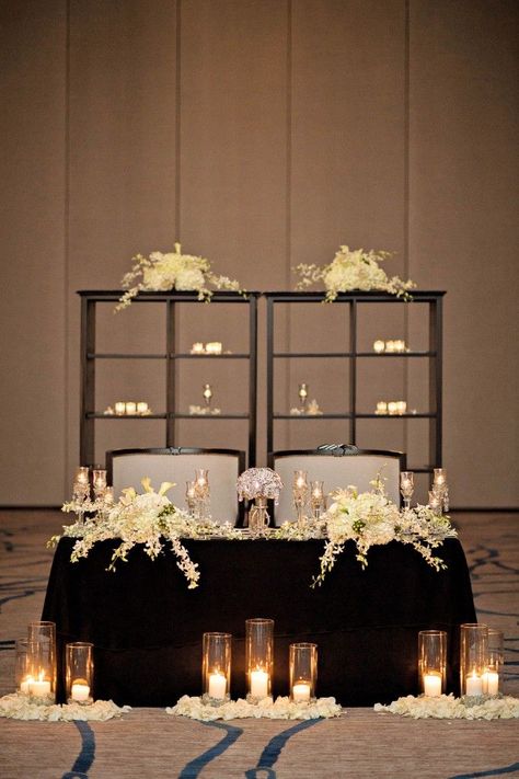 Elizabeth and Chad had an elegant black and white wedding at Hyatt Regency Coconut Point. Talented photographer Kristen Weaver captured the day beautifully! Black And White Wedding Ideas, Diy Table Runner Wedding, Head Table Wedding Backdrop, White Wedding Table Setting, White Wedding Ideas, White Table Settings, Elegant Wedding Flowers, White Wedding Decorations, Diy Wedding Table