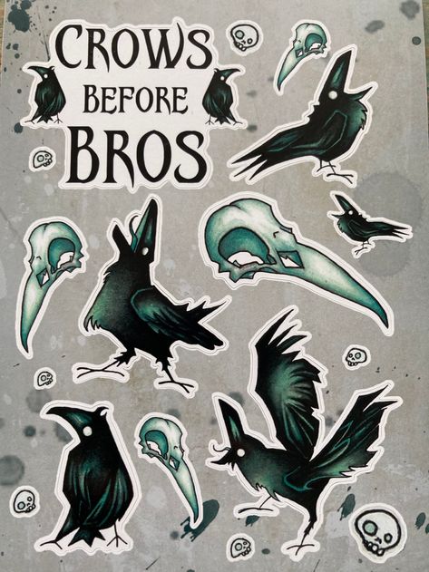 Crows Before Bros  - A6 vinyl sticker sheets with multiple, individual, peelable stickers .  Perfect for scrapbooking, customising, gifting or if you are anything like me... adding to my collection of stickers that I like to much to use!  Adhesive with residue-free removal. Suitable for indoor and outdoor use.  10.5 x 14.8 cm Crows Drawing, Crows Ravens, Little Doodles, Mystical Creatures, Drawing Clothes, Cute Chibi, Cute Pokemon, Crows, Sticker Sheet