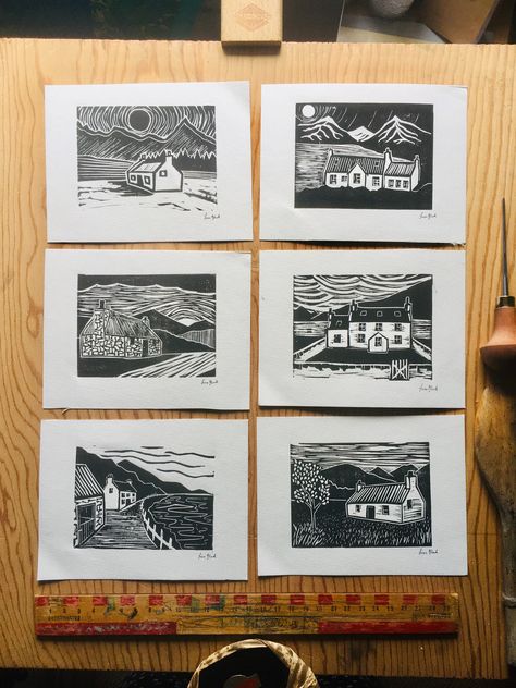 This is a wee Scottish cottage lino print, there are four to choose from- It is an original limited-edition lino print that has been designed, carved into a piece of linoleum and printed onto high quality rescued paper.  It will be packaged with a piece of recycled card backing to hopefully prevent bending or damage.  Please note that each print is completely individual so speckling/placement/look will differ in each print. Each one is unique All original artwork is copyright Fiona Black and can Print Making Designs, Witch's Cottage, Scottish Cottages, Cottage Prints, Linoleum Print, Linocut Printmaking, Lino Art, Hand Carved Stamps, Linocut Art