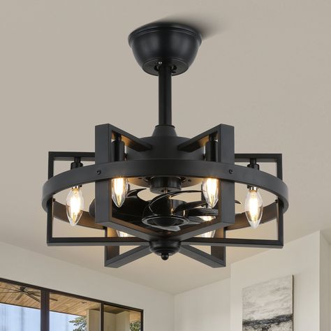 Enhance your space with this futuristic spacecraft-inspired ceiling fan. This modern 18-inch fan features a sleek black design with 6 lights and a convenient remote control for effortless operation. Dining Lighting Ideas Modern, Gothic Ceiling Fan, Man Cave Ceiling Fans, Modern Black Ceiling Fan, Tv Den, Gray Ceiling Fan, Architecture Ceiling, Led Light Stick, Ceiling Fan With Lights