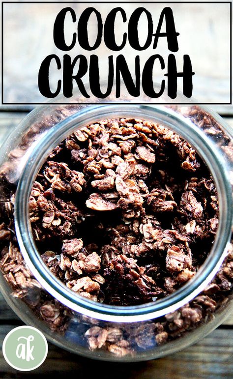 Homemade Cocoa Crunch — my children's favorite!! In essence, this cocoa crunch is chocolate granola, a mixture of oats, crispy rice cereal, coconut, cocoa, and chocolate, which bake into clusters fit for snacking on their own or drowning in milk, which ultimately turns into chocolate milk, a boon for little ones especially. This one is nut-free, too. #homemade #cocoa #crunch #chocolate #cereal #granola #kids #glutenfree #nutfree Homemade Shelf, Cereal Recipes Homemade, Homemade Cocoa, Crunch Chocolate, Toddler Nutrition, School Menu, Homemade Cereal, Chocolate Cereal, Green Market