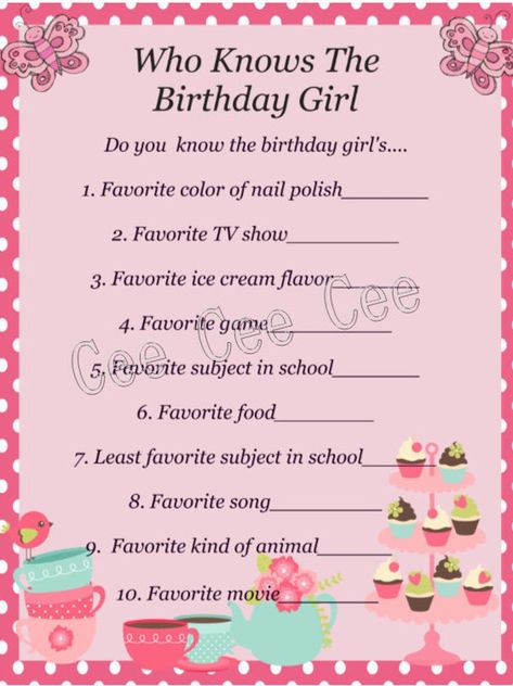 Set of 2 Tea Party Birthday Gameswho Knows the Birthday Girl | Etsy Tea Party Birthday Games, Tea Party Activity, Kids Tea Party Birthday, Girls Tea Party Birthday, Princess Tea Party Birthday, Tea Party Activities, Adult Tea Party, Tea Party Games, Kids Tea Party