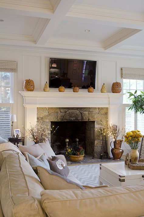 Tv Beside Fireplace Ideas, Fireplace Cabinets On Each Side, Traditional Fireplace Ideas, Floating Shelves Next To Fireplace, Shelves Next To Fireplace, Tv Wall Fireplace, Fireplace Country, Fireplace Cottage, Country Fireplace