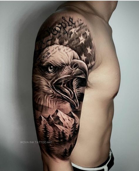 33 Remarkable Eagle Tattoo Ideas - The XO Factor We The People Eagle Tattoo, Bald Eagle American Flag Tattoo, Eagle In Flight Tattoo, Patriotic Half Sleeve Tattoos For Men, American Sleeve Tattoo Men, Army Eagle Tattoo, Patriotic Sleeve Tattoo For Women, Eagle Sleeve Tattoo Men, Eagle And American Flag Tattoo