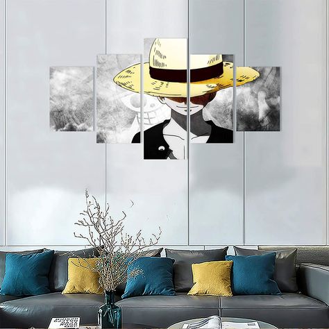 One Piece Canvas Painting Anime, One Piece Room Ideas Anime, Anime Living Room Decor, One Piece Acrylic Painting, Anime Mural Wall Art, One Piece Room Decor, Luffy Poster, Anime Office, Multi Canvas Painting