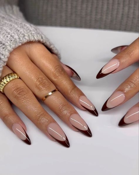 Brown Nail Almond Shape, Almond Nails Fall Colors Black Women, Dark Brown French Tip Nails Almond, Short Almond Manicure, Trendy Almond Acrylic Nails, Fall Nails 2023 Trends Almond, Nail Ideas For Brown Skin Tone, Fall Acrylic Nails Almond Shape, Fall Nails 2023 Almond Shape