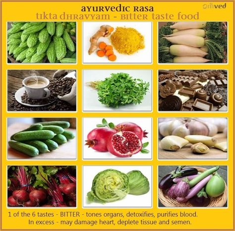 "In the case of edible bitters, this has a beneficial, stimulating effect on your body. Bitters stimulate peristalsis, the release of bile in the liver and gall bladder, clearing the blood of heat and Pitta.  Bitter taste stimulates breath and metabolism (prana)." Ayurveda Kitchari, Ayurvedic Meals, Ayurvedic Nutrition, Kapha Balancing, Bitter Foods, Ayurvedic Cooking, Ayurvedic Living, Vata Kapha, Ayurveda Food