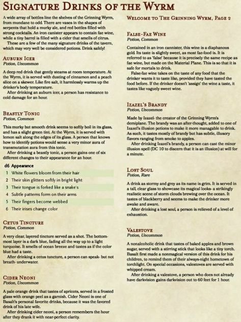 Dnd Tavern Drinks, Dnd Tavern Food, Dnd Drinks, Tavern Drinks, Dnd Plants, Dnd Potions, Dnd Tavern, Dnd Food, Fantasy Tavern