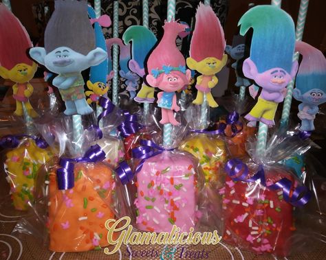 Trolls RKT Trolls Rice Krispie Treats, Trolls Treats, Trolls Party Food, Troll Party Theme, Trolls Party, Trolls Birthday Party, Troll Party, Twins 1st Birthdays, Covered Pretzels