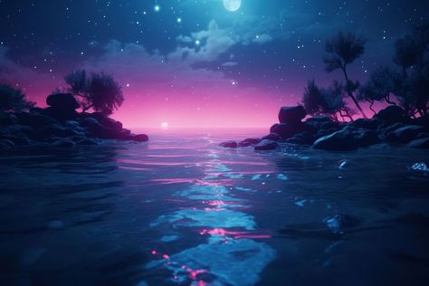 A magical neon ocean outdoors nature purple. AI generated Image by rawpixel. | premium image by rawpixel.com / Pitcha Benrohman Neon Ocean, Neon Background, Nature Purple, Sunset Pink, Beach Background, Pink Beach, Sunset Beach, Royalty Free Photos, Background Design