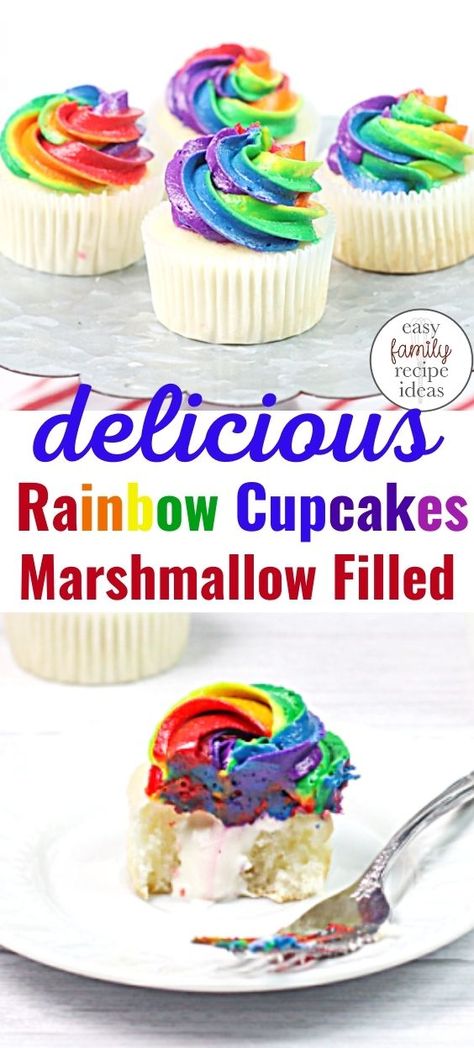 Delicious Marshmallow Cream-filled Rainbow Cupcakes Recipe - Easy Family Recipe Ideas Cupcakes With Filling, Cake Filling Ideas, Family Recipe Ideas, Rainbow Cupcakes Recipe, Cream Filled Cupcakes, Creme Filling, Marshmallow Cupcakes, Cupcakes Easy, How To Make Marshmallows