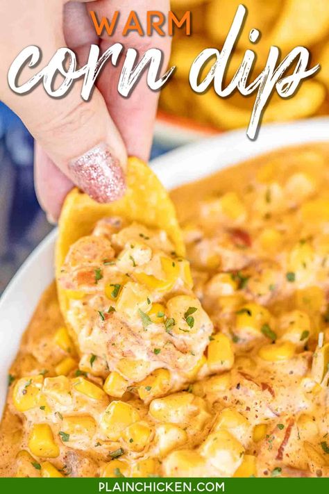 Warm Spicy Corn Dip - SOOOO good! Corn, cream cheese, cumin, chili powder, garlic, and Rotel tomatoes. Ready in under 10 minutes. Can make on the stove, in the microwave or in the crockpot. Great for parties! There is never any left!! #dip #corn #gameday #partyfood Warm Corn Dip, Corn Cream Cheese, Spicy Corn Dip, Thanksgiving Party Food, Football Food Appetizers, Mexican Corn Dip, Corn Cream, Hot Corn Dip, Football Friday