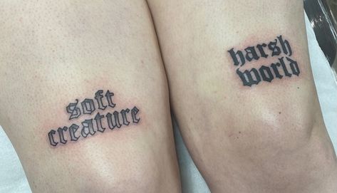 Knee Tattoos Women Quotes, Words Around Knee Tattoo, Above Knee Text Tattoo, Back Of Thigh Script Tattoo, Text Tattoo On Thigh, Leg Tattoo Script, Thigh Knee Tattoos Women, Script Knee Tattoo, Back Of The Knee Tattoos For Women