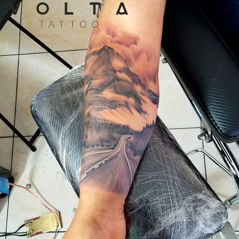 Road tattoo mountain Road To Mountains Tattoo, Road And Mountain Tattoo, Road Tattoo Sleeve, Mountain Road Tattoo, Road Tattoo Ideas, Road Tattoo, Natur Tattoo Arm, Wilderness Tattoo, Berg Tattoo