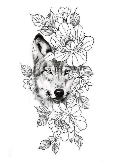 Floral Animal Tattoo Design, Dog Tattoo Flowers, Wolf And Roses Tattoo, Wolf And Flowers Tattoo, Wolf With Flowers Tattoo, Wolf Tattoo Ideas For Women, Wolf Tattoos For Women, Thigh Tat, Animal Sleeve Tattoo