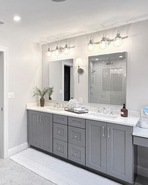 Spring has finally sprung in Massachusetts 🌱 it’s still in the 50’s but we’ll take it! Swipe for the befores of this bathroom renovation - bright whites and grays with an upgraded his and hers sinks, a built-in makeup vanity, and a spacious wall-in shower with 3 showerheads! #bathroomreno #rainfallshower #hisandhersbathroom #allwhitebathroom #vanitygoals #happyspring Built In Makeup Vanity, His And Hers Bathroom, Double Vanities, All White Bathroom, His And Hers Sinks, Galveston Island, Double Vanity Bathroom, Plaza Hotel, Rainfall Shower