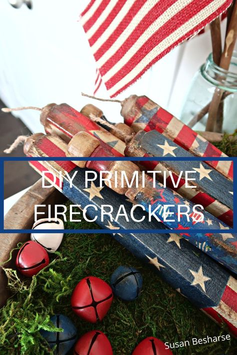 Primitive Americana Crafts, Americana Crafts Diy, Primitive Patriotic Crafts, Diy Americana Decor, Vintage Patriotic Decorations, Primitive Crafts Diy, Diy Patriotic Decor, Patriotic Decorations Diy, Fouth Of July Crafts