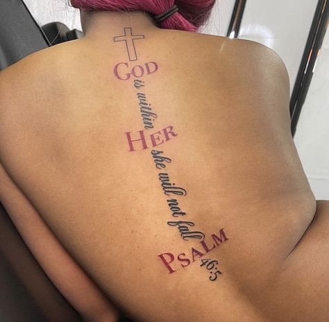 Fire Back Tattoo Women, Cross Back Tattoos For Women, Collar Bone Name Tattoos For Women, Cute Simple Back Tattoos, God Spine Tattoos For Women, God's Favorite Tattoo, Trust God Tattoos For Women, Christian Back Tattoo Women, Bible Verse Spine Tattoos For Women