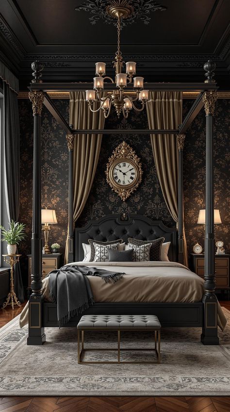 Modern Vintage Bedroom French Royal Bedroom, Goth Glam Bedroom, Curtain Beds, Dark Victorian Decor, Old Victorian Bedroom, Diy Headboard Projects, Modern Vintage Bedroom Ideas, Victorian Bedroom Aesthetic, Gothic Canopy Bed