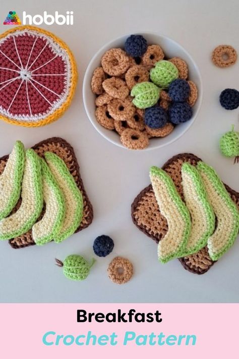 Breakfast Crochet, Crochet Breakfast, Free Crochet Toy Patterns, Memorial Beads, Easy Designs, Diy Crochet Patterns, Crochet Toys Free, Crochet Fruit, Crochet Cow