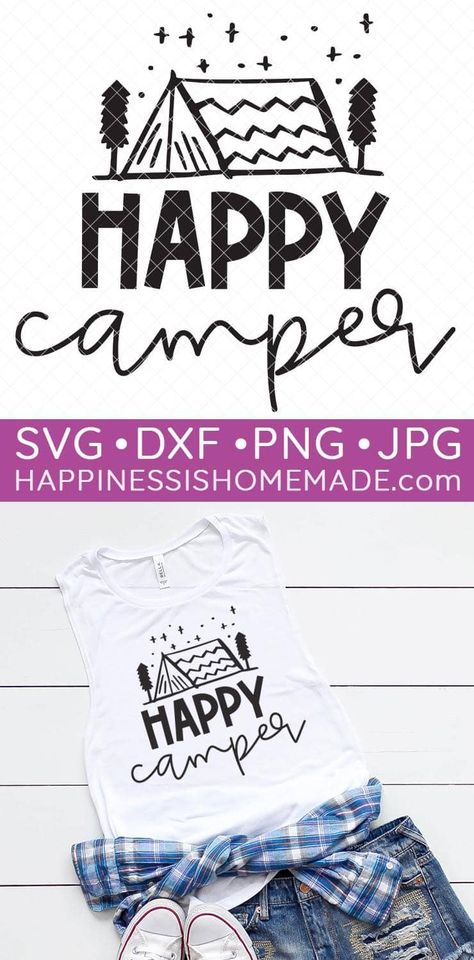 Happy Camper Svg Free, Adhesive Vinyl Projects, Happy Camper Svg, Happy Camper Shirt, Camper Svg, Free Svgs, Camper Shirt, Camping Svg, Cricut Explore Air 2