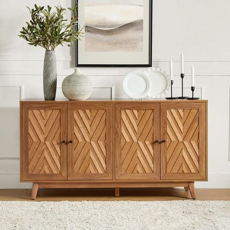 Tobias 57"Wide Mid-century Chevron-patterned Sideboard with Adjustable Shelves by HULALA HOME - On Sale - Bed Bath & Beyond - 39489332 Wide Sideboard, Nursery Furniture Sets, Kitchen Sale, Sideboard Furniture, Sideboard Buffet, Stylish Furniture, Adjustable Shelves, Kitchen Dining Furniture, Bar Furniture