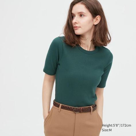 Uniqlo Tshirt, Uniqlo U, Uniqlo Women, Color Swatches, Half Sleeve, Uniqlo, Half Sleeves, Neck T Shirt, Dark Green