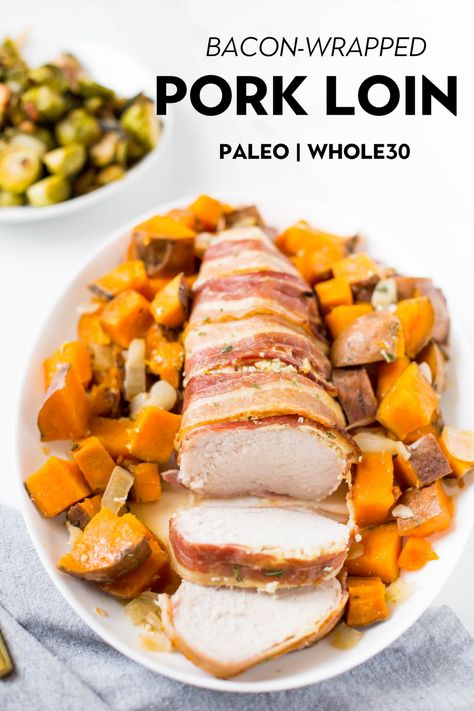 This slow cooker, bacon-wrapped pork loin roast recipe is easy to make and packs a ton of flavor. Just place it in the slow cooker and in a few hours, you will have crispy bacon on the outside of a tender, juicy pork loin, served on a bed of soft sweet potatoes. Paleo, and Whole30 too! #baconwrapped #porkloin #sweetpotatoes #slowcooker |thehealthyconsultant.com Bacon Wrapped Pork Loin Crockpot, Whole 30 Pork Loin, Pork Loin And Sweet Potato Recipes, Pork Loin Sweet Potato, Porkloin Slowcooker, Bacon Wrapped Pork Loin, Slow Cooker Pork Loin, Healthy Pork Recipes, Slow Cooker Bacon