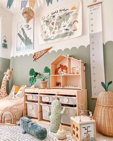 Liv | Kids Decor & Budget Hacks on Instagram: "ROAR 🦁 Hope you all have a lovely day! I am working then off to get my nails today this evening. What are you up to? In other news, we have decided to increase Arlo’s nursery days for various reasons and I won’t lie guys, I am feeling really upset and guilty even though I know it’s the best thing for him. The main reason being is that this is usually our day to do things together but I need time to do my design work, catch up in the house and ho Safari Toddler Room, Small Toddler Bedroom, Safari Room Decor, Trofast Ikea, Safari Bedroom, Safari Room, Toddler Boy Room Decor, Boy Toddler Bedroom, Big Kids Room