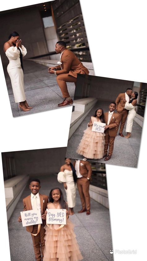 Black Blended Family Pictures, Blended Black Family, Blended Family Photoshoot Ideas, Blended Family Engagement Photos, Blending Family Wedding Ideas, Engagement Photos With Children, Family Pictures Black People, Family Photo Ideas Black Family, Engagement Photos Ideas Black Couples