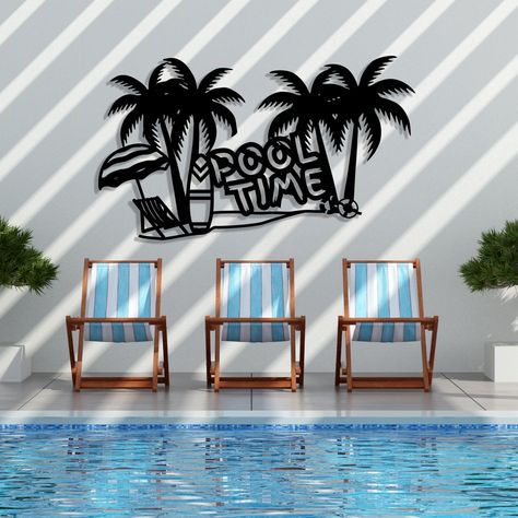 Pool Time Metal Wall Sign, Palm Tree Tropical Metal Wall Decor, Summer Patio Sign Custom Swimming Pool, Summer Panel, Poolside Vibes Poolside Wall Decor, Pool Fence Decorating Ideas, Tropical Pool Decor, Pool Side Decorating Ideas, Pool Side Decor, Backyard Pool Decor, Pool Patio Decorating Ideas, Outdoor Wall Decor Ideas, Pool Area Decorating Ideas