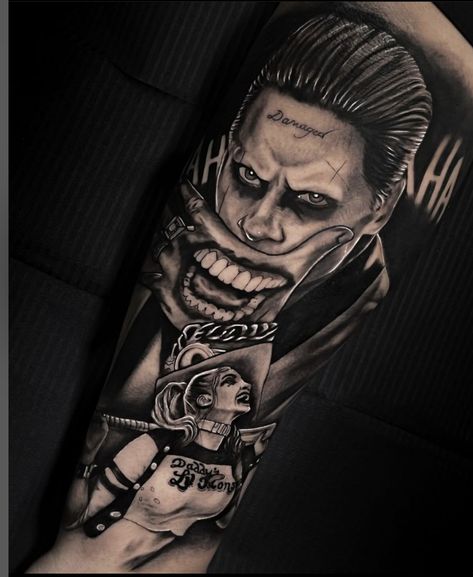 Joker Tattoo Suiced Squad, Joker Leg Tattoo Men, Joker Tattoo Black And Grey, Villian Tattoo Sleeve, Joker Sleeve Tattoo Ideas, Joker Theme Tattoo, Bane Tattoo Dark Knight, Harley Quinn And The Joker Tattoo, Joker Tattoo Leg