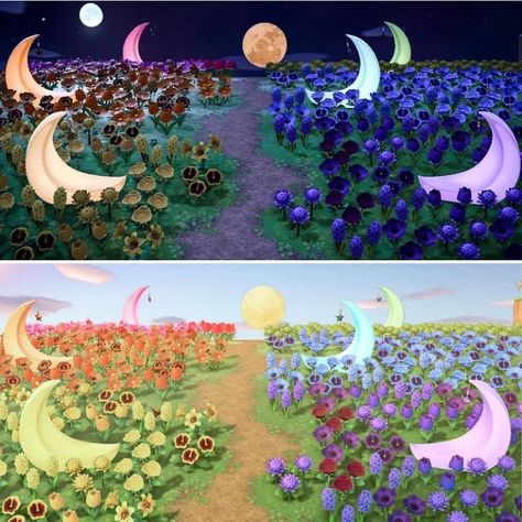 Animal Crossing Garden Ideas Flower, Moon Garden At Night, Animal Crossing Inspiration, Animal Crossing Town Tune, Flower Garden Layouts, Cottagecore Animal Crossing, Garden At Night, Fairy Garden Animals, Rainbow Garden