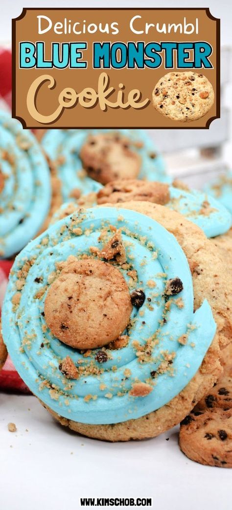 Cookie monster themed Crumbl cookies. You have a moist and decadent jumbo cookie that is topped with blue frosting and a mini cookie and crumbs piled on top. A must make copycat Crumbl cookie recipe. Crumbl Cookie Copycat Blue Monster, Brownie Batter Crumbl Cookie Recipe, Crumbl Cookie Monster Copycat, Jumbo Cookies Monsters, Better Than Crumbl Cookies, Crumbl Cookie Copycat Chocolate, Cookies With Icing On Top, Crumbl Cookie Recipe Copycat, Olivia Rodrigo Crumbl Cookie Recipe