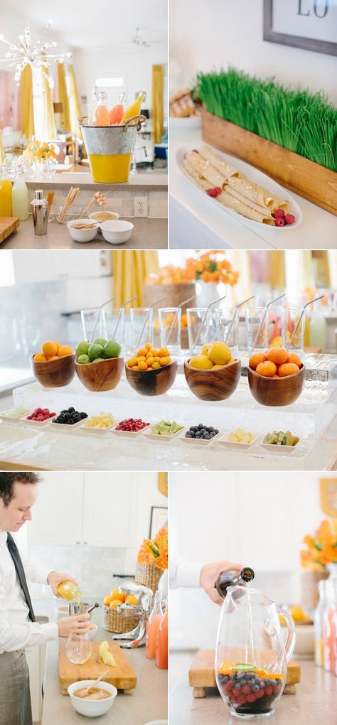 Amazing Sunday Brunch Juice Bar- you say juice bar I say mimosa bar Juice Bar Design, Smoothie Bar, Food Stations, Mimosa Bar, Birthday Brunch, Food Display, Juice Bar, Salad Bar, Sunday Brunch