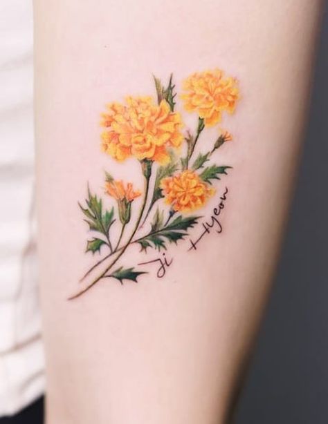 Marigold Flower Tattoos, Marigold Tattoos, Marigold Tattoo, Tattoo Meanings, Mushroom Tattoos, Daisy Tattoo, Upper Arm Tattoos, Birth Flower Tattoos, Flower Tattoo Sleeve