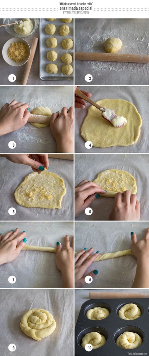 Ensaimada Step-by-Step Instructions | The Little Epicurean Filipino Merienda Ideas, Filipino Bread Recipe, Pinoy Merienda, Ensaymada Recipe, Filipino Delicacies, Filipino Bread, Filipino Food Dessert, Bread Winners, Brioche Rolls