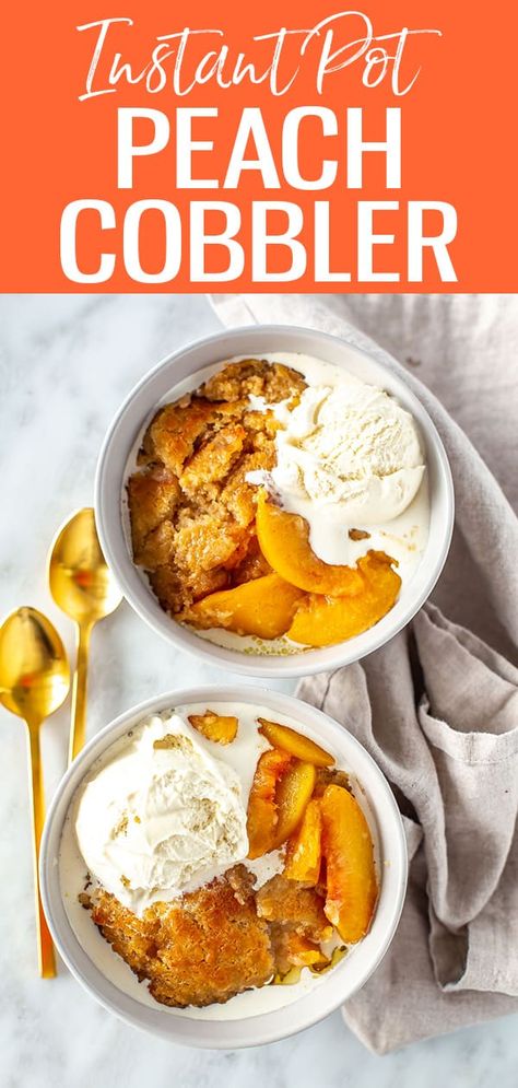 This easy Instant Pot peach cobbler is such a treat! It's the perfect dessert for summer because the oven won't be on for long. Instant Pot Peaches Recipes, Insta Pot Desserts Recipes, Instant Pot Recipes Dessert, Instant Pot Peach Cobbler, Summer Instant Pot Recipes, Sugar Free Peach Cobbler, Cobbler With Bisquick, Can Peach Cobbler, Canned Peach Cobbler Recipe