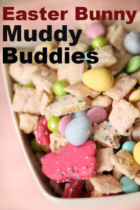 Easter Bunny Muddy Buddies | Six Sisters' Stuff We've added a new flavorful twist to these Easter Bunny Muddy Buddies. There is a secret ingredient - Strawberry Cake Mix. A favorite Muddy Buddy recipe that can be adapted for any occasion. It's so easy to swap out the candies for some in season. #muddybuddies #easter Easter Muddy Buddies, Muddy Buddies Recipe, Muddy Buddy, Cereal Snacks, Six Sisters Stuff, Strawberry Cake Mix, Muddy Buddies, Six Sisters, Chex Mix