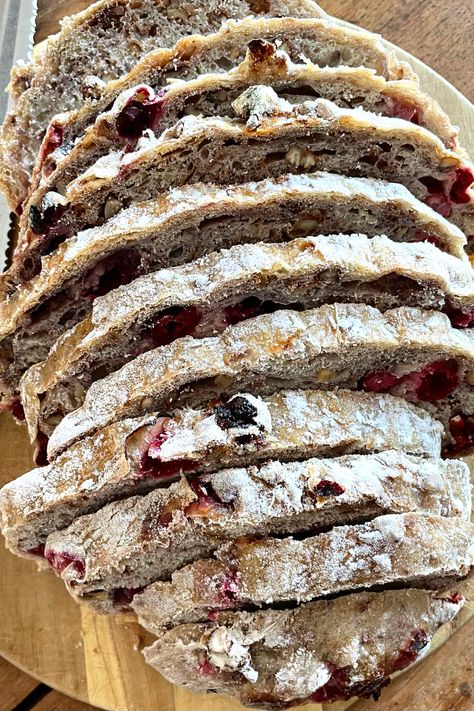 Packed with plump, juicy cranberries, nutrient-rich walnuts, aromatic cinnamon and organic honey. It’s sweet and nutty, hearty and super satisfying with that perfect crusty top we love. | #cranberrywalnutbread #homemadebread #easybreadrecipe #cranberrywalnut #realbread #overnightbread #rusticbread #hardwheat #cranberries #walnuts #organichoney #madefromscratch #artisanbread Cranberry Walnut Artisan Bread, Cranberry Walnut Bread, Breakfast Strata, Real Bread, Walnut Bread, Artisan Bread Recipes, Rustic Bread, No Knead, 140 Pounds