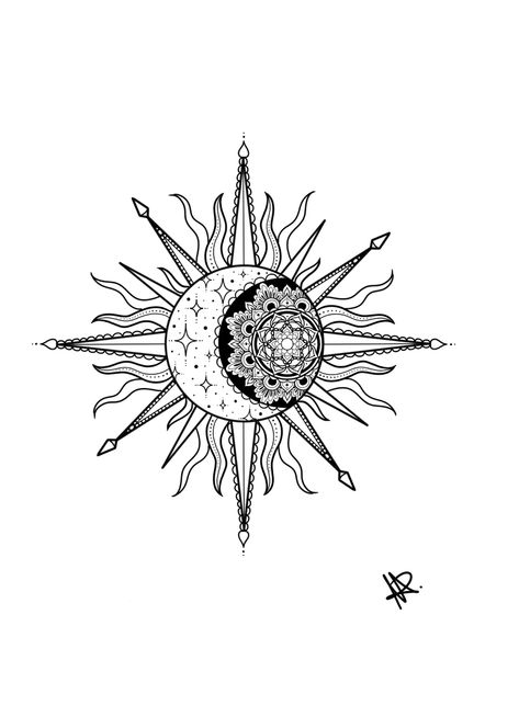 Sun Moon Flower Tattoo, Moon Flower Tattoo, Ornamental Tattoo Design, Ornamental Tattoo, Moon Flower, Compass Tattoo, Lotus Flower Tattoo, Sun Moon, Tattoo Design