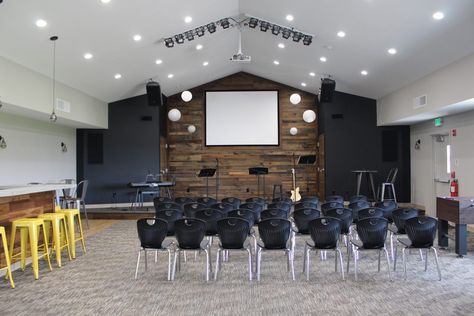 youth worship space | row+harlow interior design Small Worship Space, Church Remodel Ideas, Industrial Church Design, Small Youth Room Ideas, Worship Center Design, Church Auditorium Design, Church Backdrop Stage Design, Church Backgrounds Stage Design, Youth Center Design