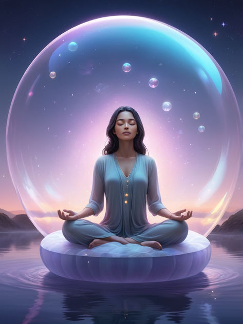 A serene woman meditating in a floating bubble, surrounded by a sea of soft, glowing orbs. The background is a gradient of twilight colors, with stars twinkling in the distance, and ethereal mist swirling around her, creating a hyper-realistic dreamscape. Meditation Illustration, Meditation Artwork, Meditation Images, Woman Meditating, Lucky Boy, Sleep Meditation, Meditation Art, Art Idea, Meditation Practices