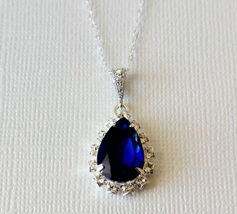 Sapphire Heart Necklace, Crystal Wedding Necklace, Bridal Necklaces, Blue Wedding Jewelry, Wedding Navy, Crystal Wedding Jewelry, Blue Crystal Earrings, Wedding Pendant, Halo Pendant