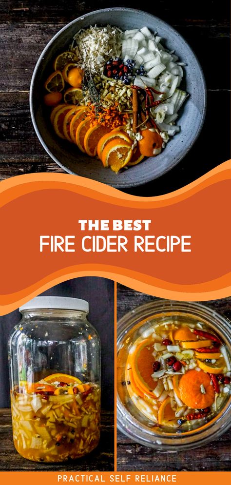 The Best Fire Cider Recipe: - Making fire cider for its immune system benefits is easy and the perfect way to use up a bottle of apple cider vinegar. Rosemary Gladstar, the creator of the fire cider recipe has perfected how to make fire cider at home. Learn how to make fire cider this winter! Pomegranate Fire Cider, Fire Water Recipe, Fireside Cider, Medication Cabinet, Herbalism Recipes, Healthy 2024, Cider Recipes, Fire Cider Recipe, Fermented Drinks