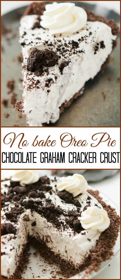 This is one of our most popular pie recipes and it's an easy pie recipe! Who wants a slice of no bake oreo pie with chocolate graham cracker crust?! Chocolate Pie Oreo Crust, No Bake Oreo Pie, Easy Pie Recipe, Recipes Oreo, Graham Dessert, Graham Cracker Crust Recipe, Chocolate Graham Cracker Crust, Graham Cracker Recipes, Oreo Pie